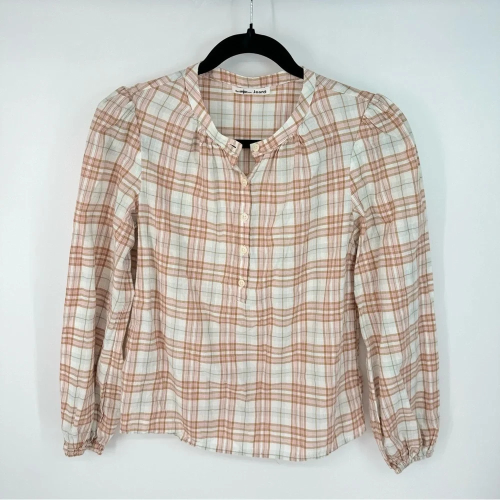 Reformation Plaid Puff Sleeve Cotton Organic Natural Button Down Blouse